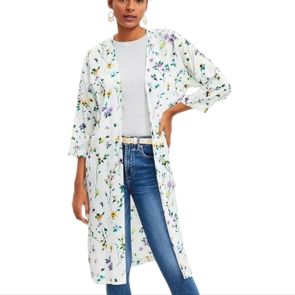 LOFT Tops - Loft White Purple‎ Yellow Chic Floral Open-Front Kimono Size Med Large